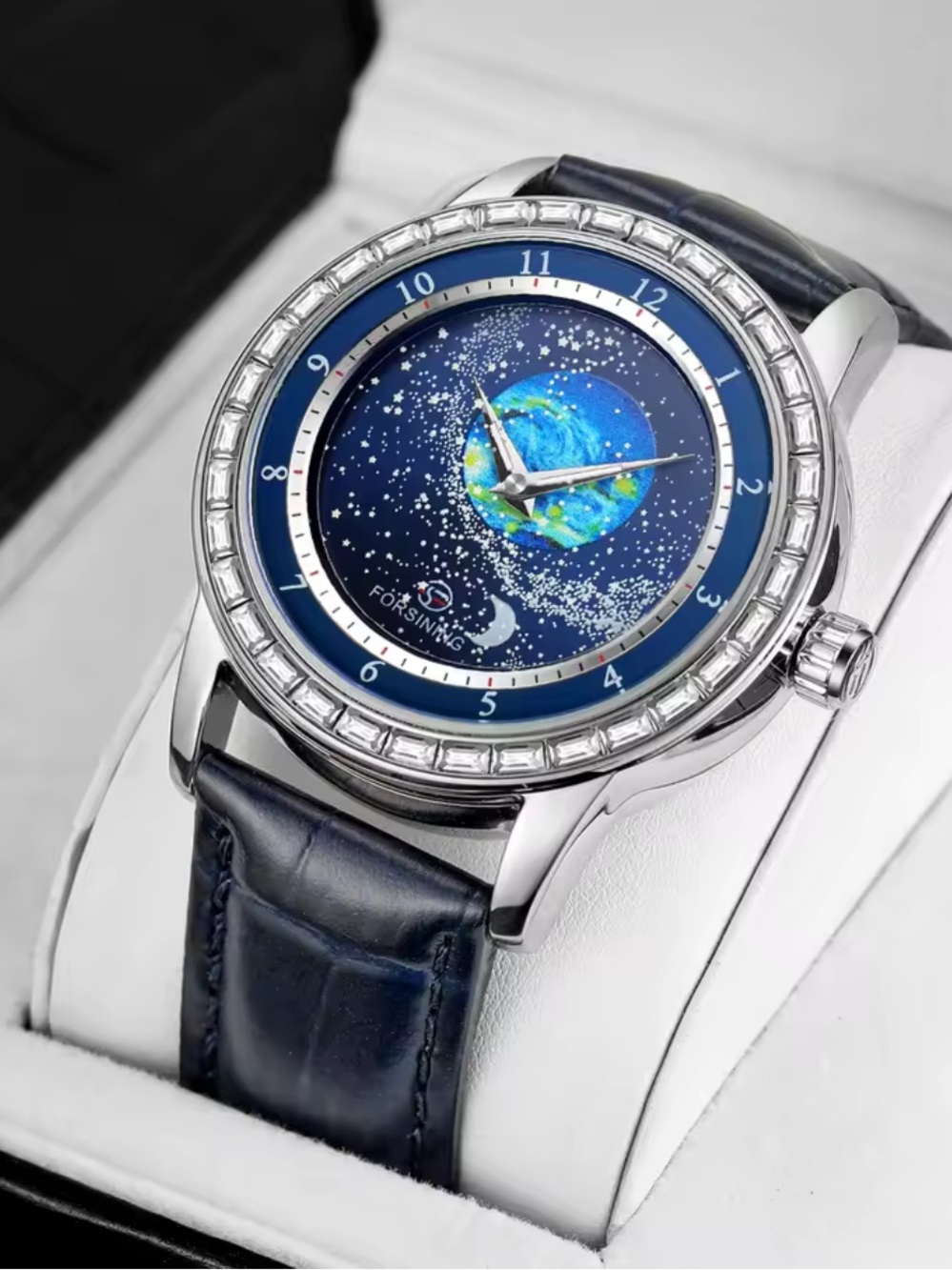 Forsining Men's Blue Celestial Dial Leather Strap Watch
